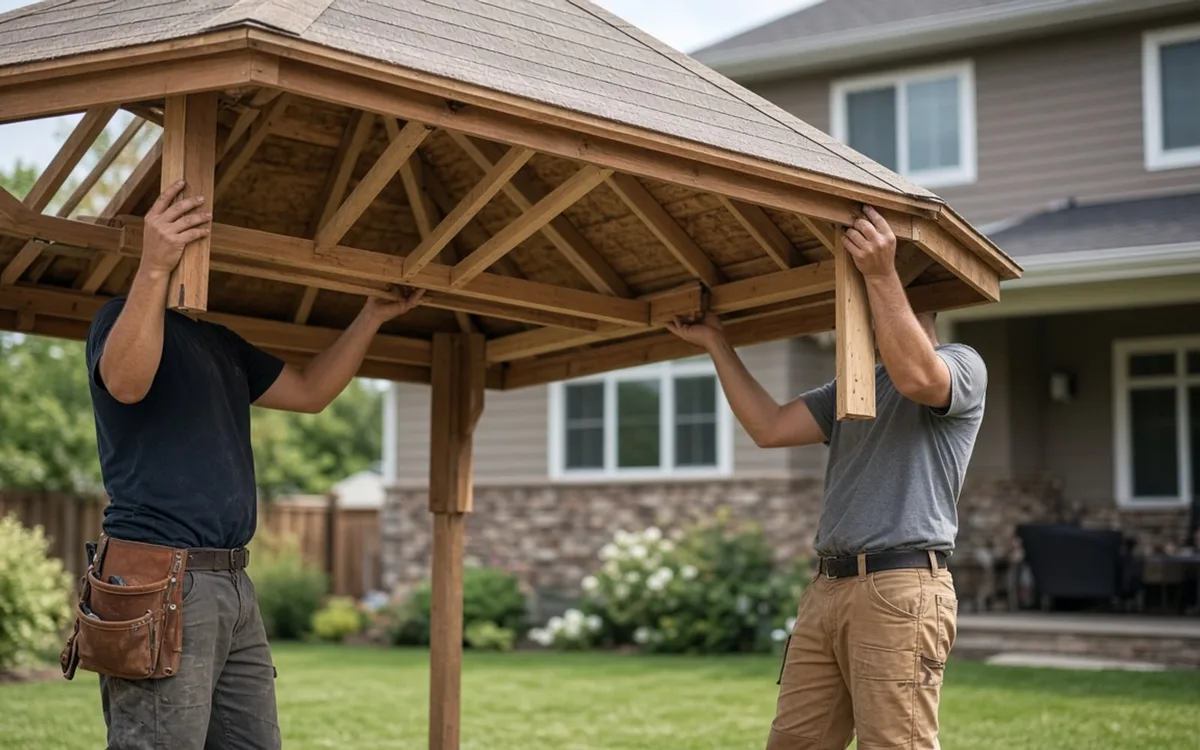 Two workers wearing tool belts raising and positioning the posts of a shingled wood gazebo roof frame in a backyard