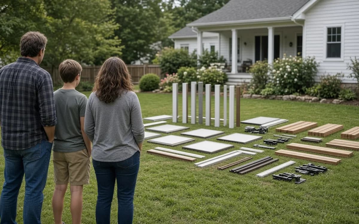 Family of three looking over white vinyl posts, panels, lumber and hardware laid out on a lawn before a gazebo build