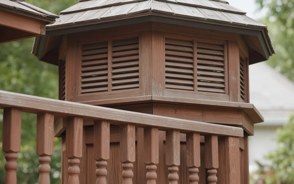 Close detail of a brown-stained louvered cupola and turned-baluster railing on a wooden gazebo