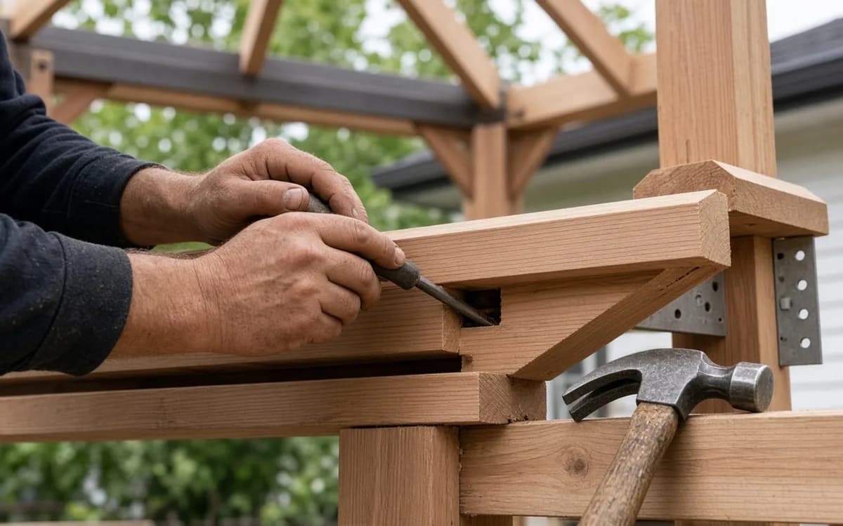 Carpenter's hands chiseling a joint in a wood gazebo frame, with metal brackets and a claw hammer on the beam
