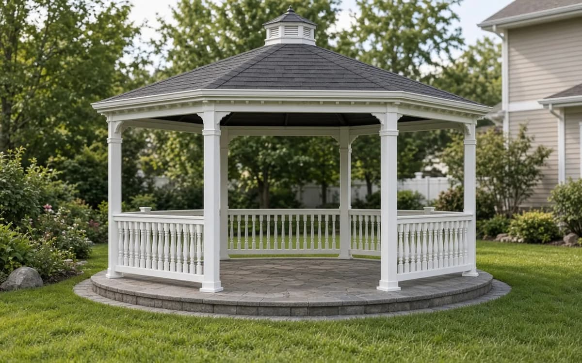 White vinyl octagonal gazebo with cupola and baluster railings on a round raised paver base in a lawn