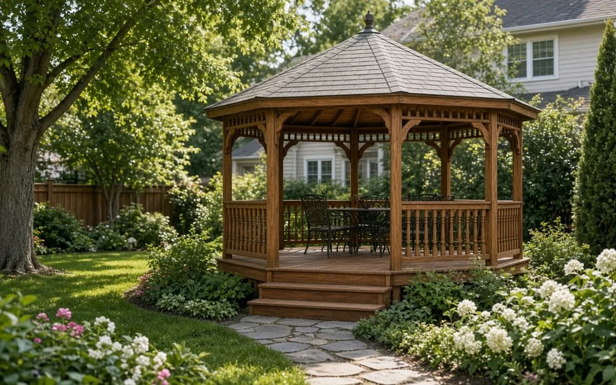 Honey-stained wood gazebo with a dining table and chairs on a raised deck with steps down to a stepping-stone path