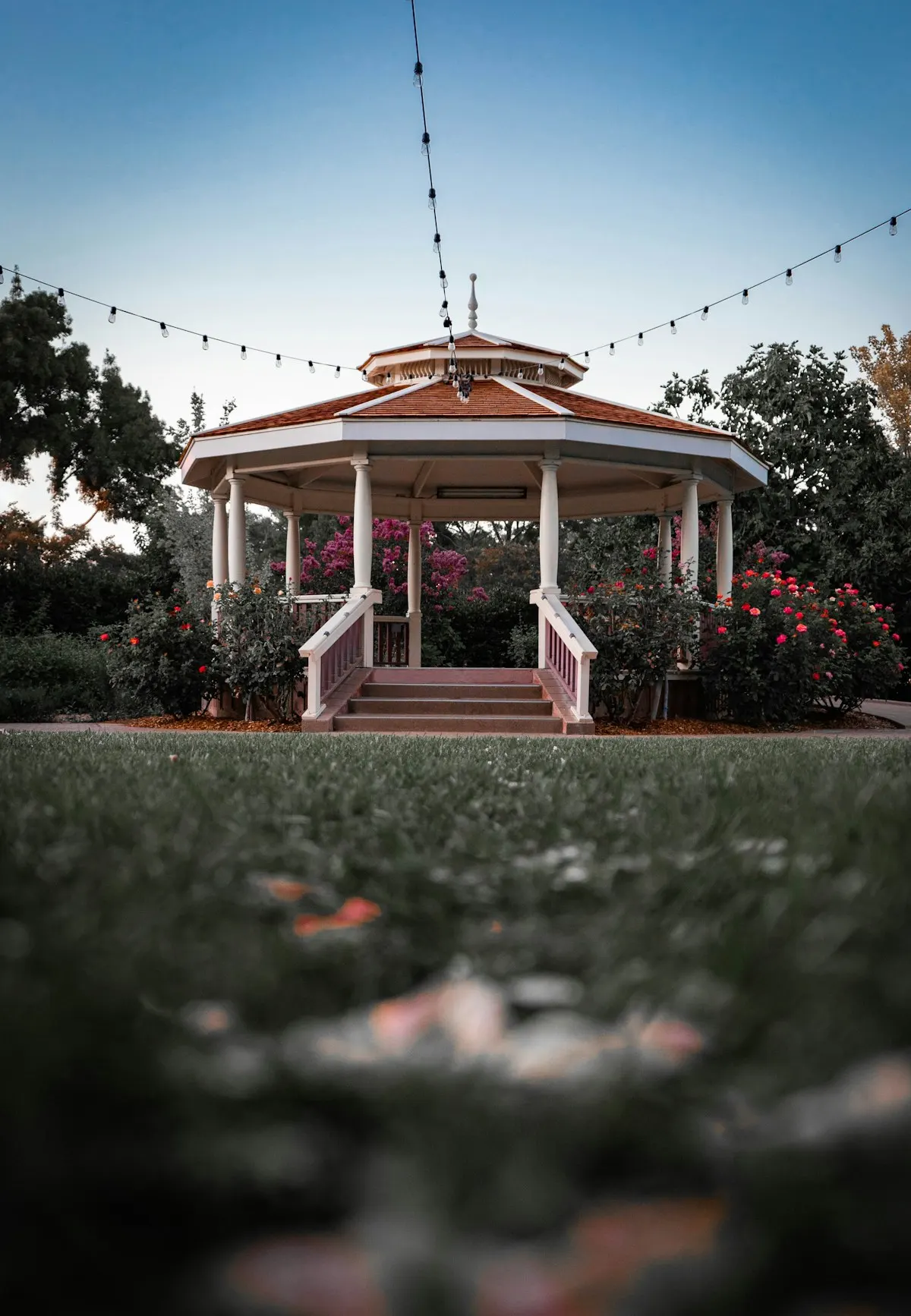 Open-sided garden gazebo with a raised base